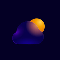 Vector icon bright sun with clouds. Glowing sun and transparent cloud with glass effect. Modern illustration for meteorology and weather forecast.