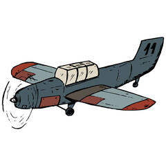 Vintage airplane color illustration. Retro aircraft ink sketch. Transporation vector drawing. Monochrome texture style.