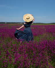 A girl in a blue long dress stands in a field with pink flowers. The girl has a large straw hat on her head. A girl in a field of flowers. Summer outdoor recreation. Blooming fields. Summer mood.