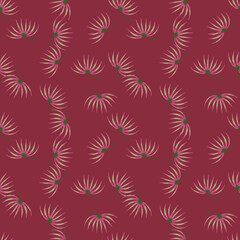 Fototapeta na wymiar Nature seamless pattern with little random tropic bush elements. Pink background. Simple stylistic.