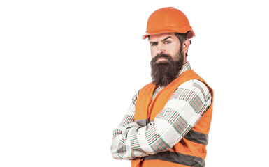 Builder in hard hat, foreman or repairman in the helmet. Man builders, industry. Worker in construction uniform. Architect builder. Bearded man worker with beard in building helmet or hard hat