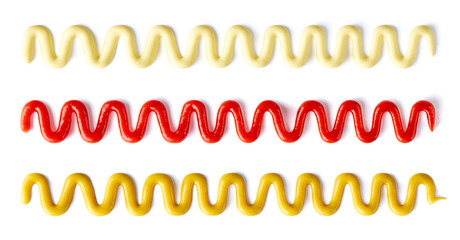 Tomato ketchup, mustard and mayonnaise splashes isolated on white, from above