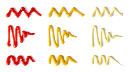 Tomato ketchup, mustard and mayonnaise splashes isolated on white, from above