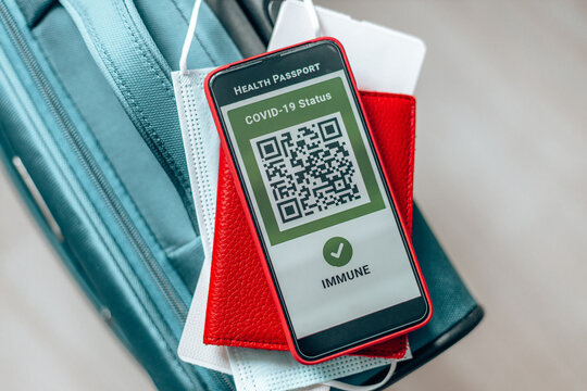 Vaccination, disease immunity passport on screen smartphone, digital vaccination certificate for COVID-19.