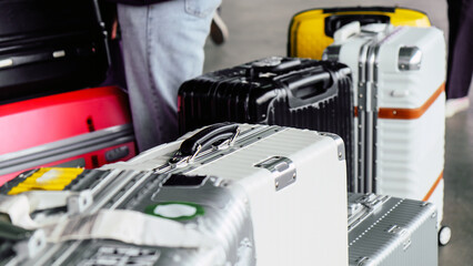 Fototapeta premium Pile of bag suitcases at airport terminal