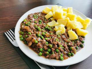 Scottish mince and tatties in a plate.  Popular Scottish dish. 