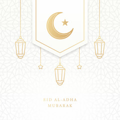 Eid Al Adha Mubarak Islamic Greeting Card White Golden Elegant Ornament Pattern Luxury background