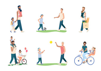 Fototapeta na wymiar Set of happy young dad with children. Happiness of fatherhood, father's day, happy childhood. Dad and the child play ball, go to the store, walk and ride a bike. Vector illustrations.
