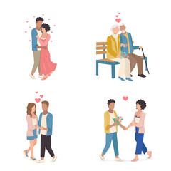 Happy loving couple together forever. Set of vector illustrations of enamored man and woman. Happy Valentine's Day. Isolated over white background.