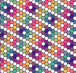 Colored hexagons, psychedelic  - abstract geometric seamless pattern. Vector background for fabric, textile, wallpaper, posters, gift wrapping paper, napkins, tablecloths, pajamas. Print for kids