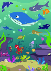 Plakat Underwater Aquatic Scene with Cute Adorable Fishes Water Corals Plants Rocks Sand. Ocean Background Scene. Underwater Elements Set. Kids Book Fishes Illustration Hand Drawn. Fishes undersea. Aquarium.