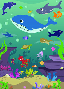 Underwater Aquatic Scene with Cute Adorable Fishes Water Corals Plants Rocks Sand. Ocean Background Scene. Underwater Elements Set. Kids Book Fishes Illustration Hand Drawn. Fishes undersea. Aquarium.