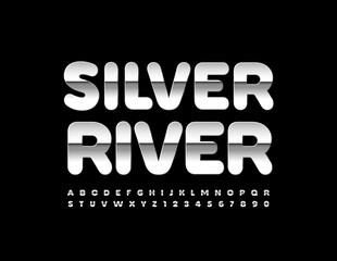 Vector premium template Silver River. Luxury metallic Font. Shiny Alphabet Letters and Numbers set