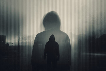 A double exposure of a Silhouette of a mysterious hooded figure without a face. Standing in a city...