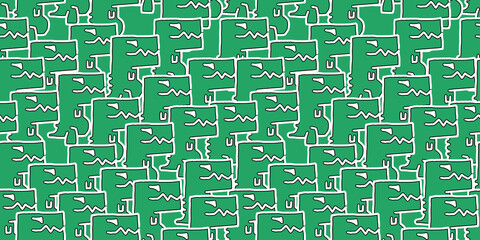 Dinosaurs seamless pattern, T-Rex cartoon characters on green background. 
