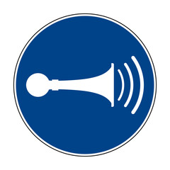 Sound horn sign. Vector illustration of circular blue mandatory sign with trumpet icon inside. Make noise symbol. ISO 7010.