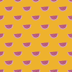 Hand drawn simple pink little watermelon slice elements ornament. Bright orange background. Summer print.
