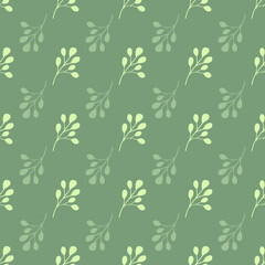 Fototapeta na wymiar Doodle seamless pattern with vintage simple eucalyptus leaf elements. Pastel green background.