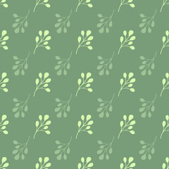 Doodle seamless pattern with vintage simple eucalyptus leaf elements. Pastel green background.