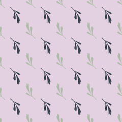 Botanic seamless pattern with doodle decorative leaves branches ornament. Pastel lilac background.