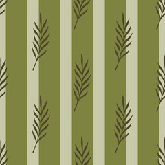 Brown minimalistic leaves branches seamless nature pattern. Grey and green striped background.