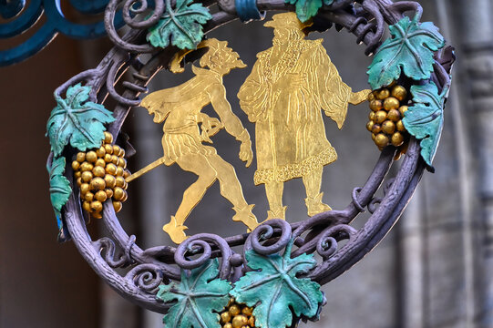Ornate ironwork at the entrance of the M&auml;dlerpassage in Leipzig with a Scene from Johann Wolfgang von Goethe's tragedy "Faust"