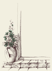 Flowers in ceramic pot at house entrance vector hand drawing