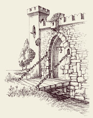 Old city citadel stone gate, wooden bridge over river artistic hand drawing