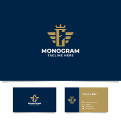 Simple and minimalist gold letter E monogram initial logo with wings and crown in blue background
