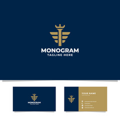 Simple and minimalist gold letter I monogram initial logo with wings and crown in blue background