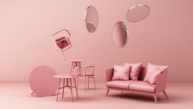 Armchair seat and chair with Geometric shape pastel colour 3d rendering 