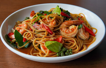 spicy Thai food, noodles with shrimp, spaghetti