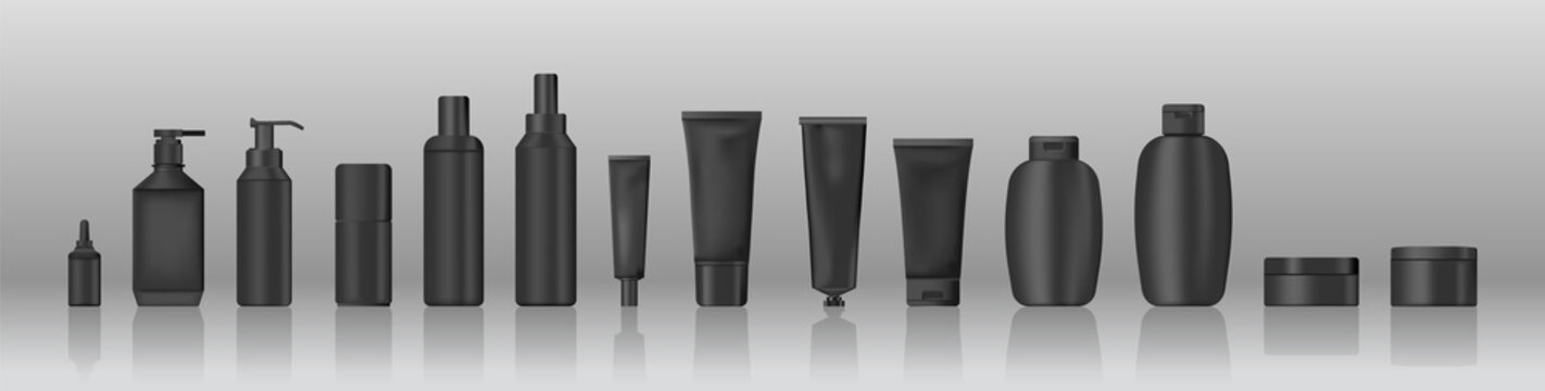Realistic Set of Black Cosmetic and Cream Tubes. Vector Illustration and Mockup on Grey Background