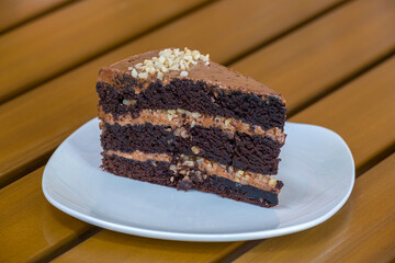Slice of chocolate cake on white plate