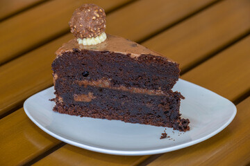Slice of chocolate cake on white plate