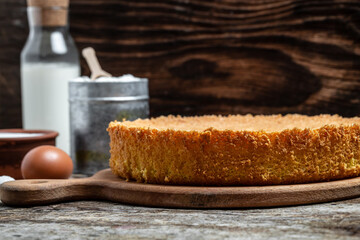 Homemade sponge cake with ingredients eggs. flour milk and sugar, Bakery background concept. banner, menu recipe place for text