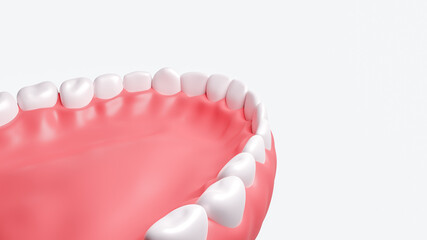 Human jaw teeth mouth denture. Dentistry clinic or orthodontic services website landing page design layout. 3d  rendering