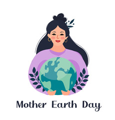 Mother earth day. The girl holds the globe the planet in her hands. Caring for nature concept. Vector illustration
