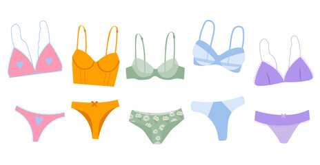 Trendy female underwear, lingerie set cartoon flat vector illustration. Transparent panties and bras. Modern hand drawn colorful collection of women's underwear.  Sensuality and femininity concept..