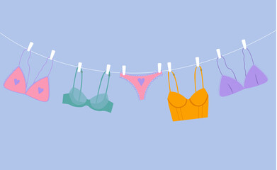 Women panties are dried on a rope. Flat vector illustration of the trendy female teenage underwear.