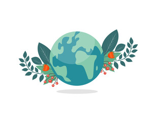 Happy Mother Earth Day. Globe planet earth with plants and flowers. Caring for nature concept. Vector illustration