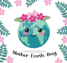 Happy Mother Earth Day. Globe planet earth with smile emoji. Caring for nature concept. Vector illustration
