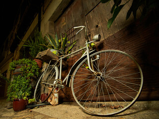 Fototapeta na wymiar Close-up low view decorative bicycle with plants on antique wooden door at night