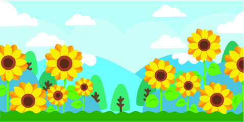 Fototapeta na wymiar Adorable Sunflower Field Doodle Illustration