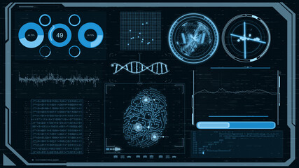 HUD. graphic interface finger print match DNA. futuristic infographic motion with 3d rendering.
