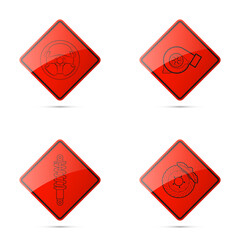 Set icons image auto parts. Symbols car part: turbine, steering wheel, strut, brake disc support. Car service pictures. Logo car garage. Vehicle spare parts. Set automotive. Turbo Car repair service