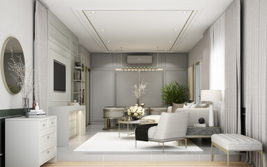 Modern classic living area with wall decoration and furniture built-in with sofa and armchair on grey tone 3d rendering