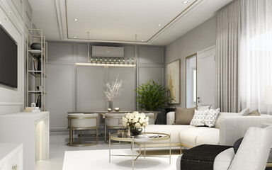 Modern classic living area with wall decoration and furniture built-in with sofa and armchair on grey tone 3d rendering
