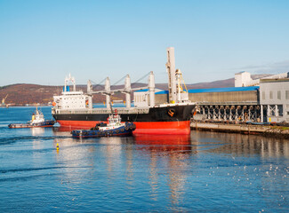 Tugs moor the dry cargo ship to the mooring wall