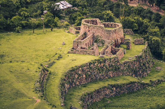 Aerial distant view of Llactapata ruins on inca trail to Machu Picchu archaeological site from the Inca's ancient civilization in Peru. South America